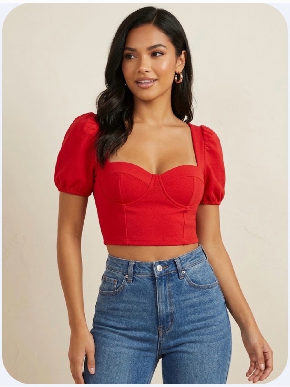 Fashion Nova Red Square Neck Puff Sleeve Crop Top